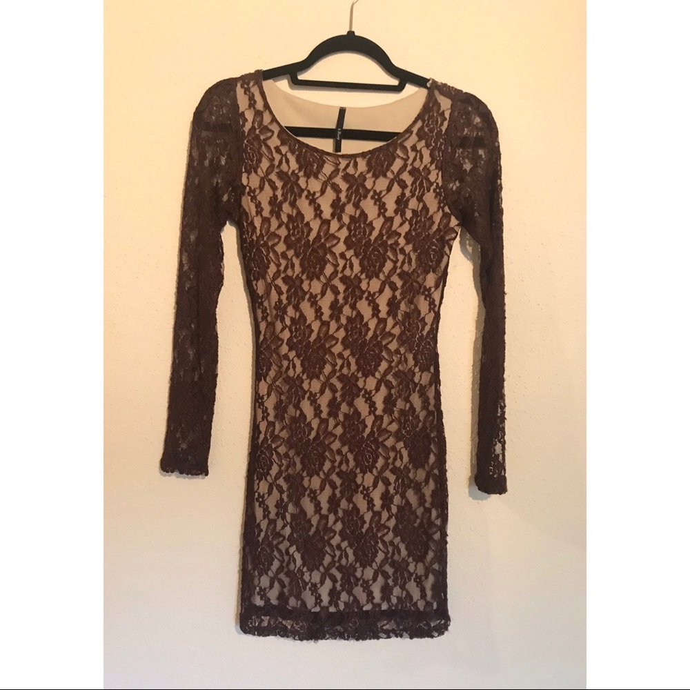 Brown Long-sleeve Lace Dress